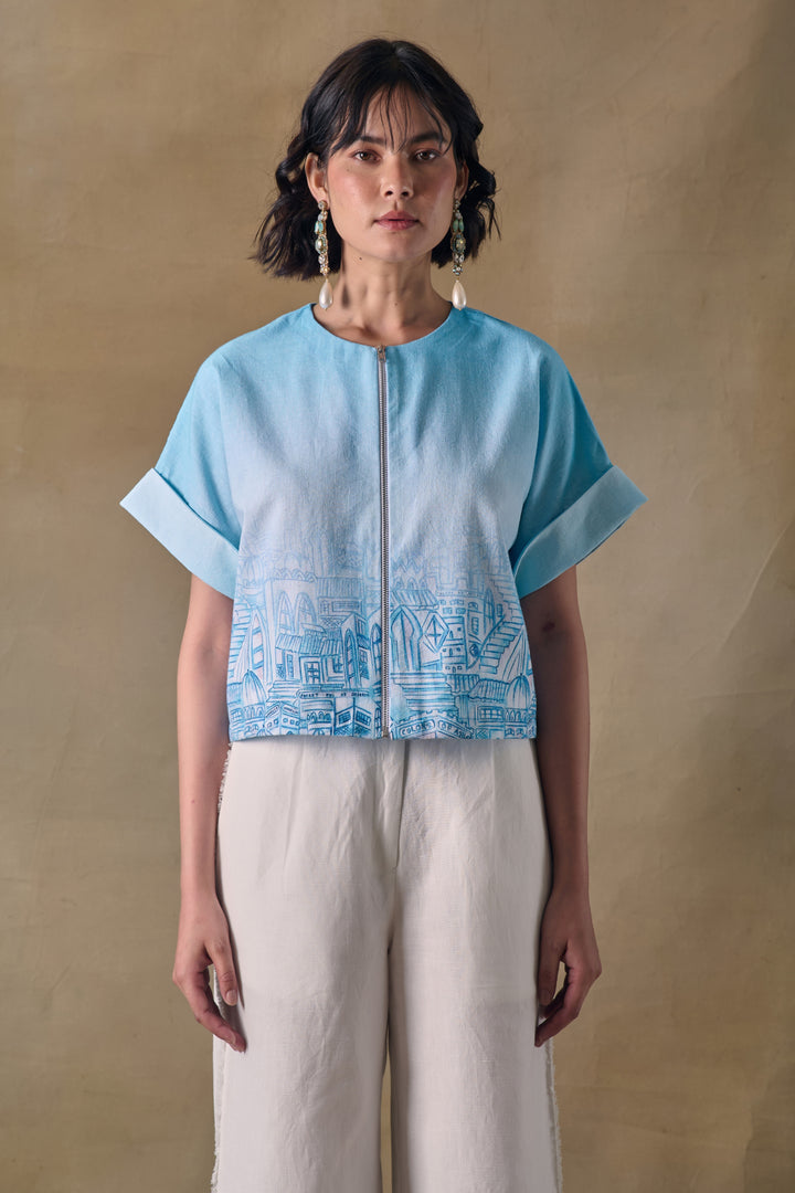 Blue Landscape Kimono Top