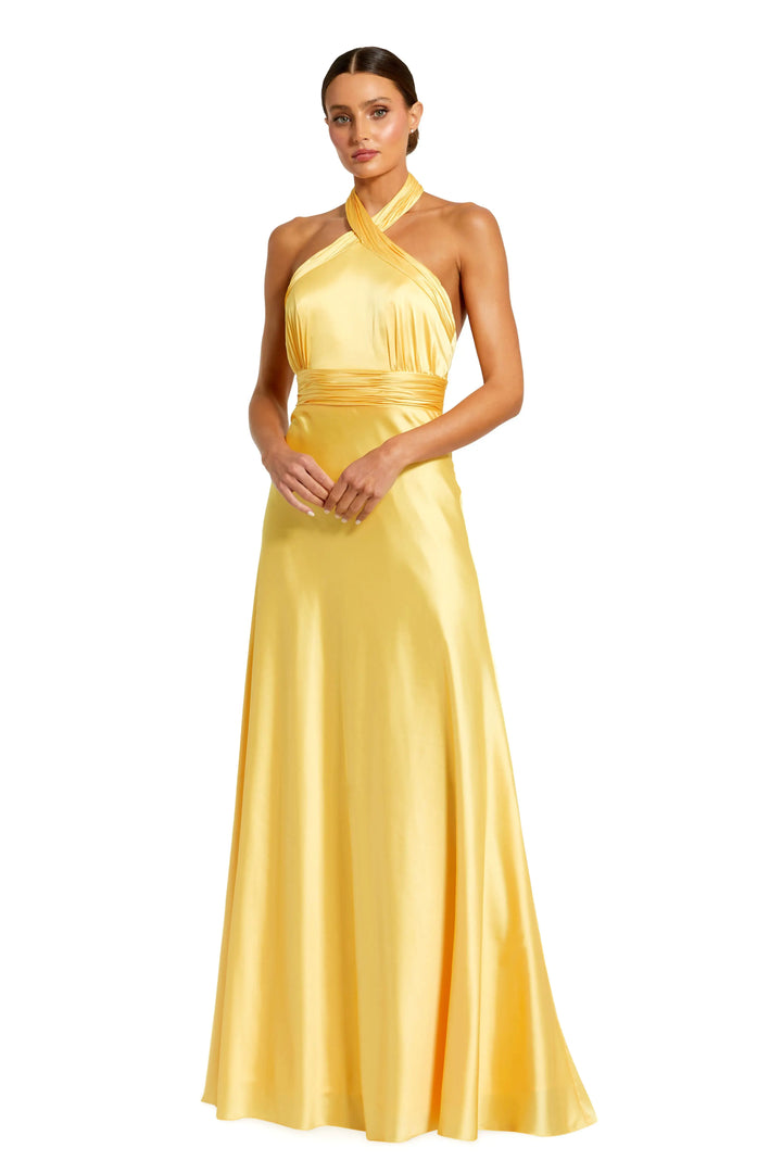 Yellow Ruched Halter Neck Tie Back Satin Gown