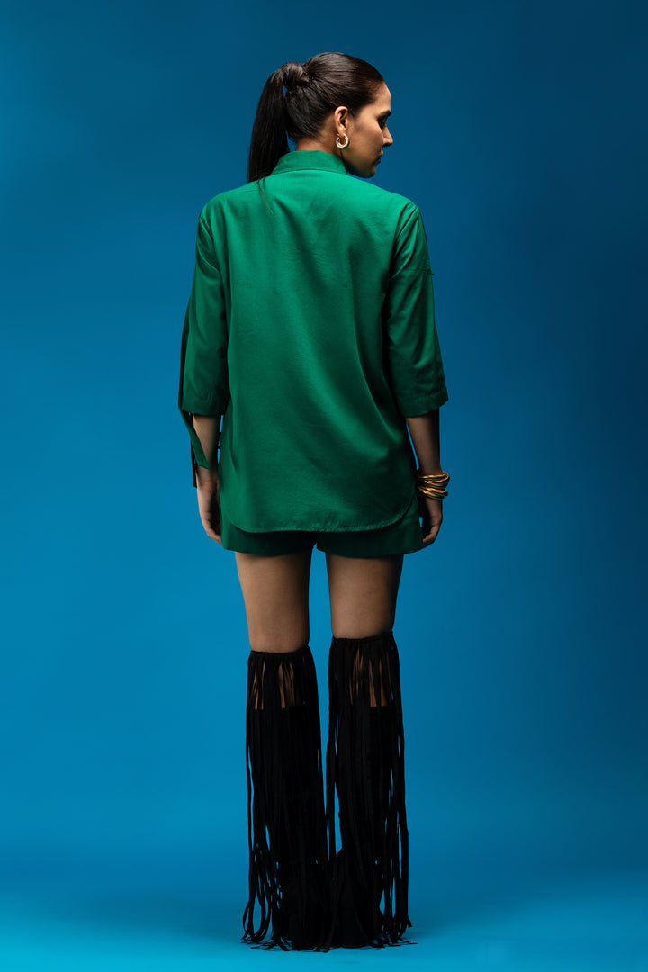 Thread embroidered shirt with sleeve strap detail - Green