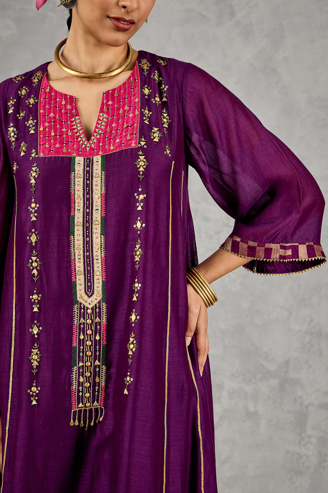 Purple Long Yoke Embroidery Kurta Set