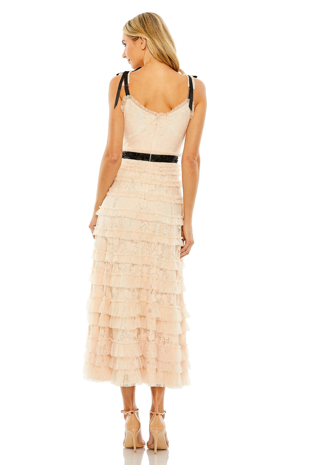 Pink Lace Tiered Midi Dress with Bow Straps