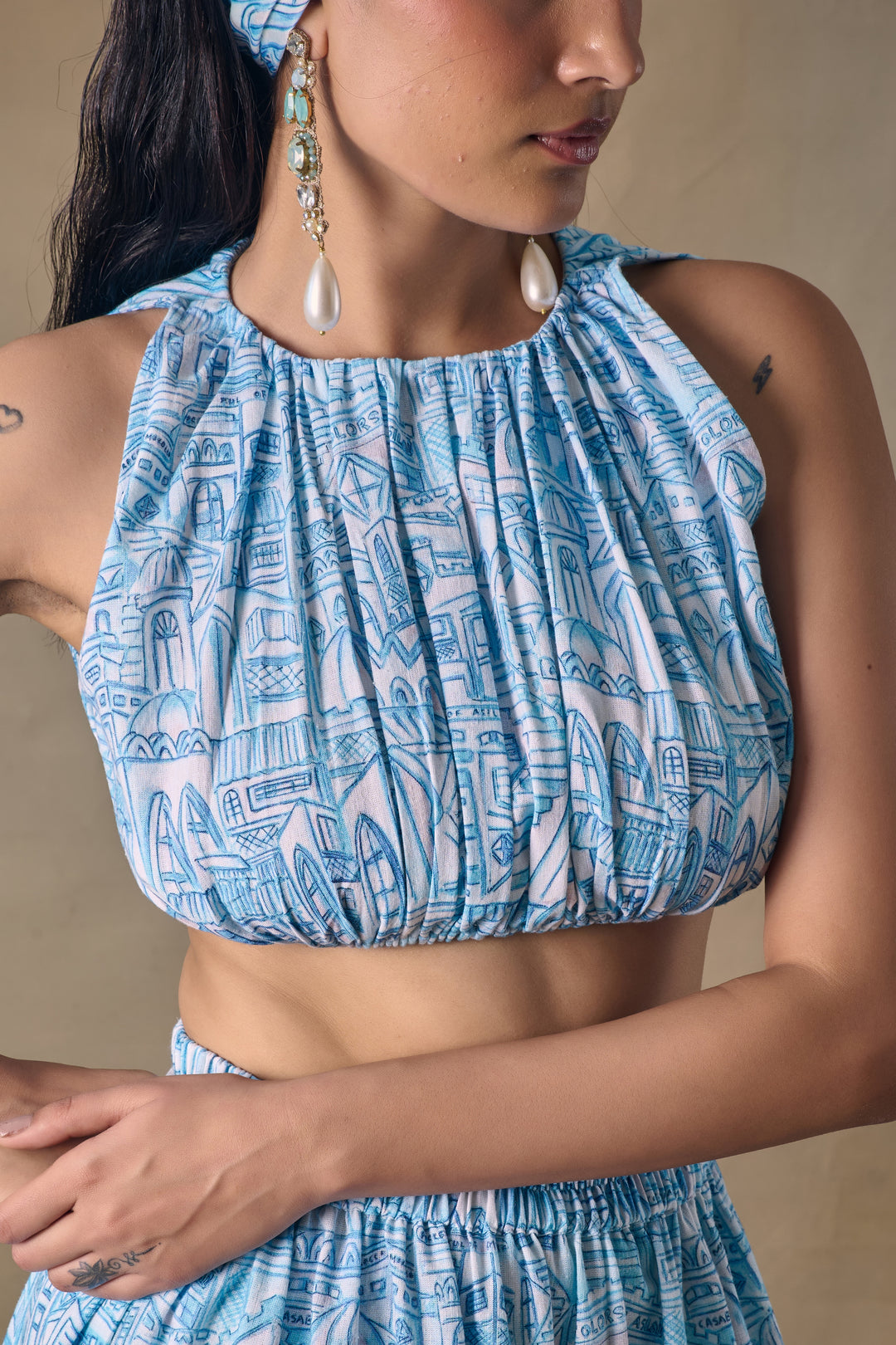 Blue Landscape gathered blouse
