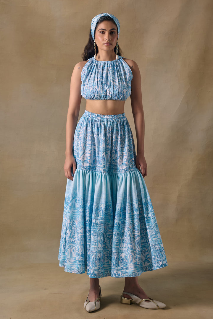 Blue Landscape gathered blouse