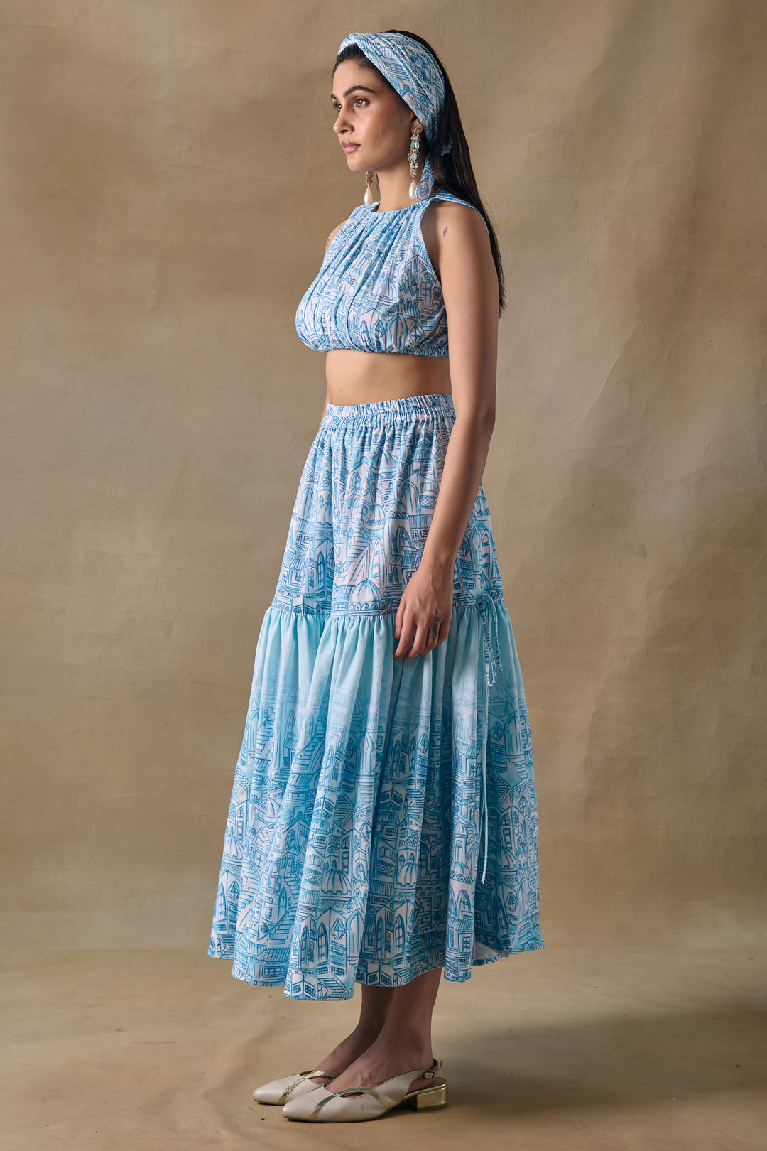Blue Landscape gathered blouse