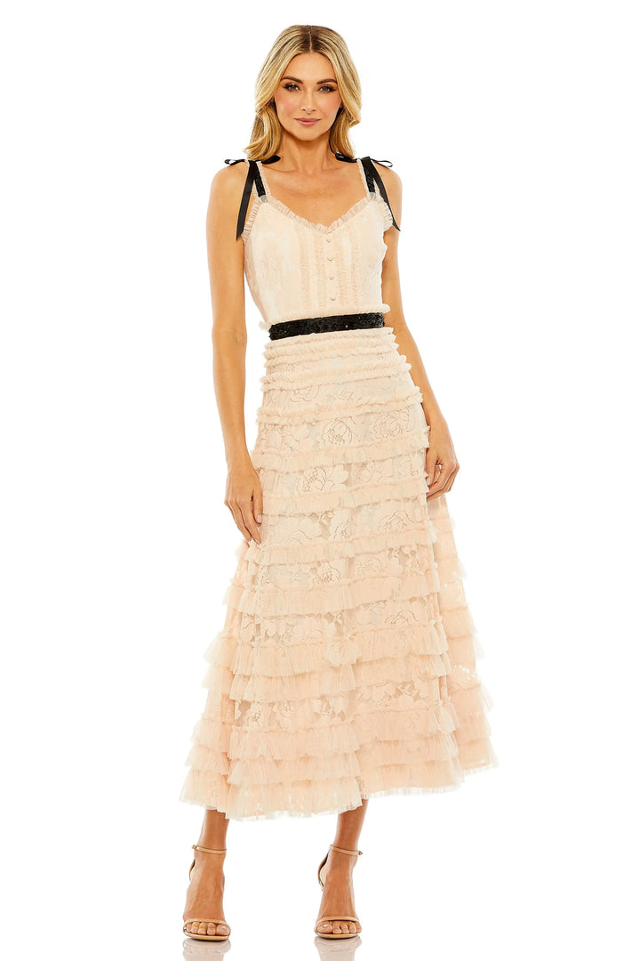 Pink Lace Tiered Midi Dress with Bow Straps