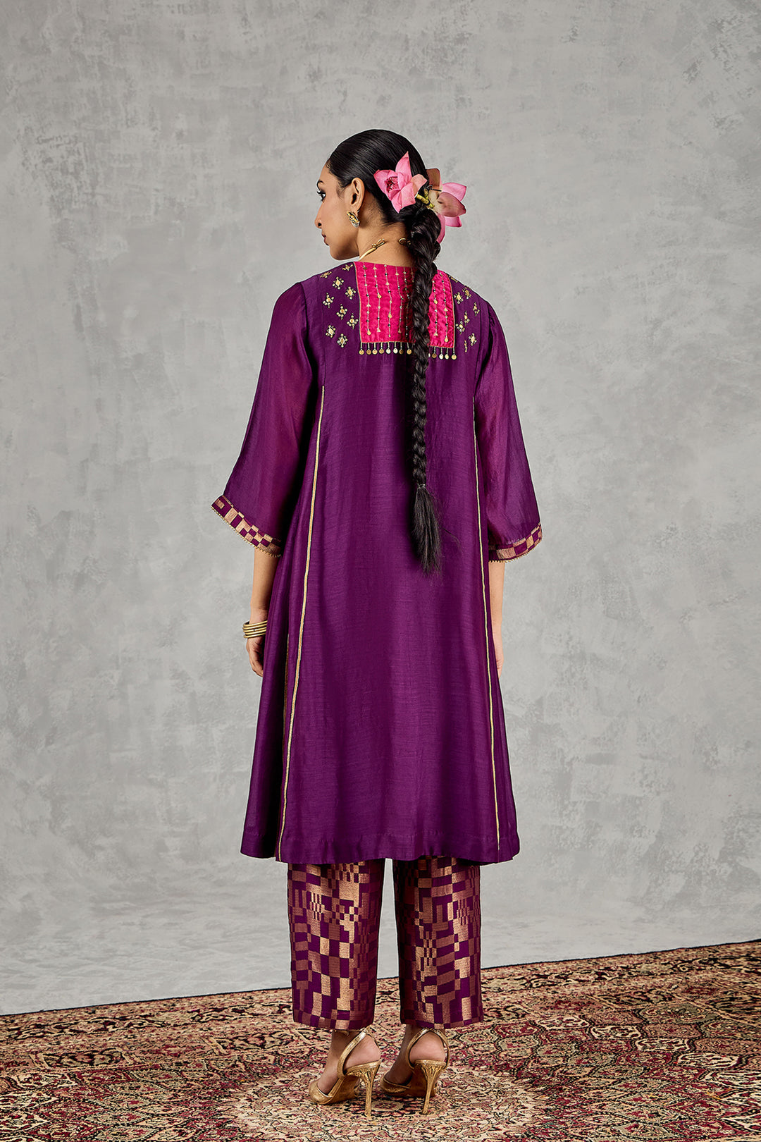 Purple Long Yoke Embroidery Kurta Set