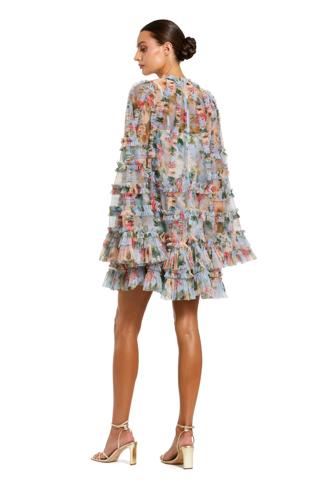 Blue Printed Mesh Ruffle High Neck Mini Dress