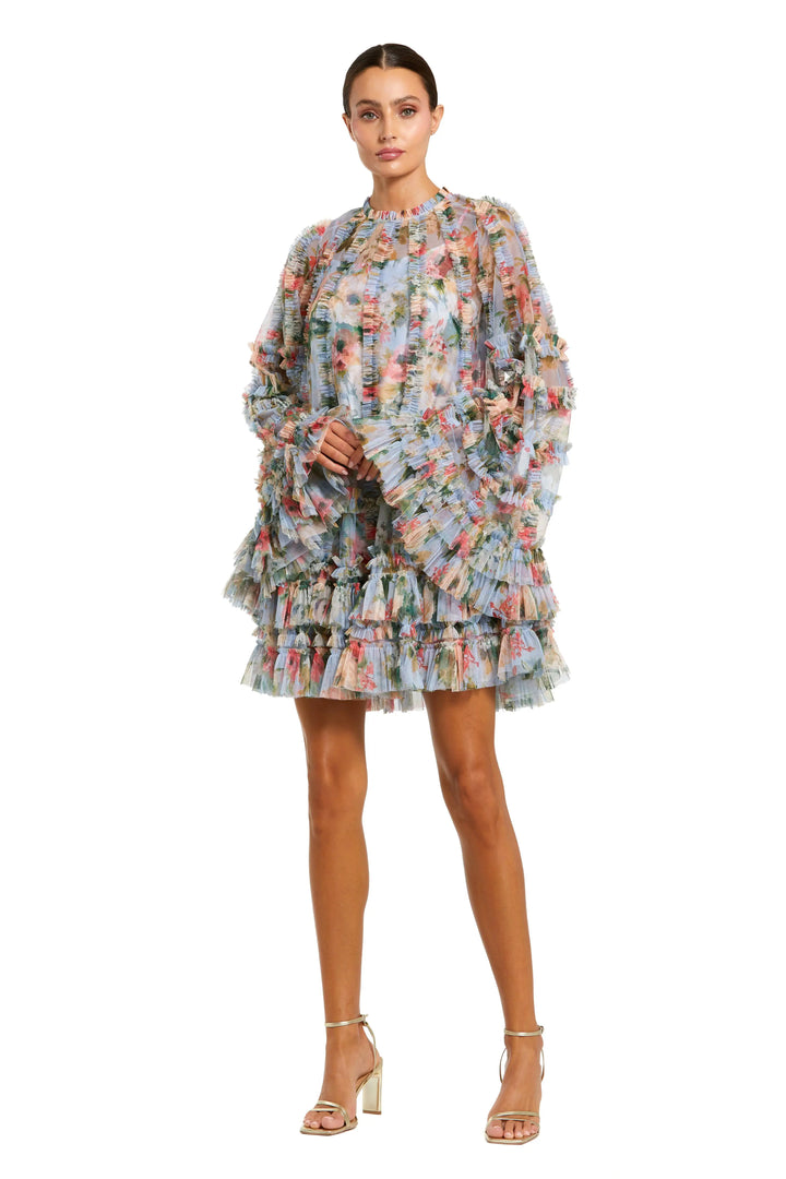 Blue Printed Mesh Ruffle High Neck Mini Dress