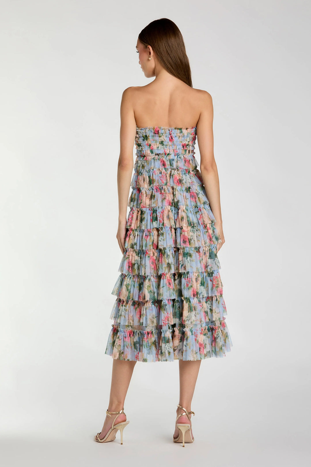 Blue Floral Strapless Ruffle Midi Dress