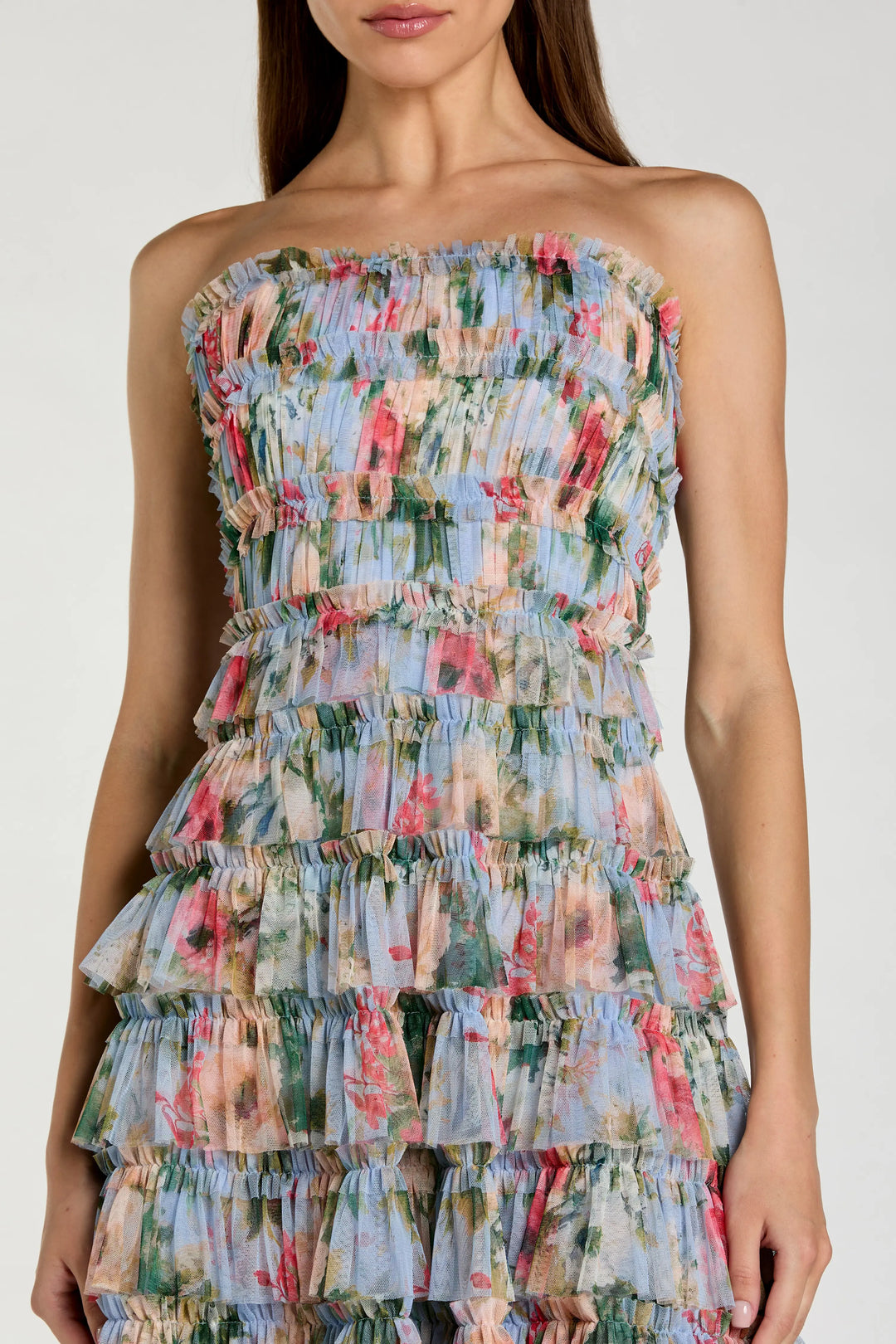 Blue Floral Strapless Ruffle Midi Dress
