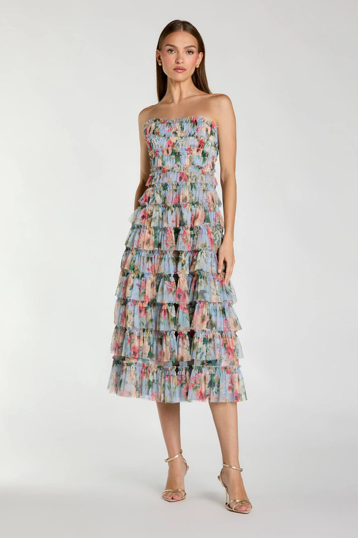 Blue Floral Strapless Ruffle Midi Dress