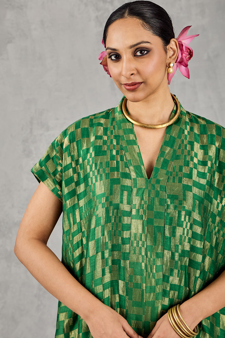 Green Check V-Neck Long Dress