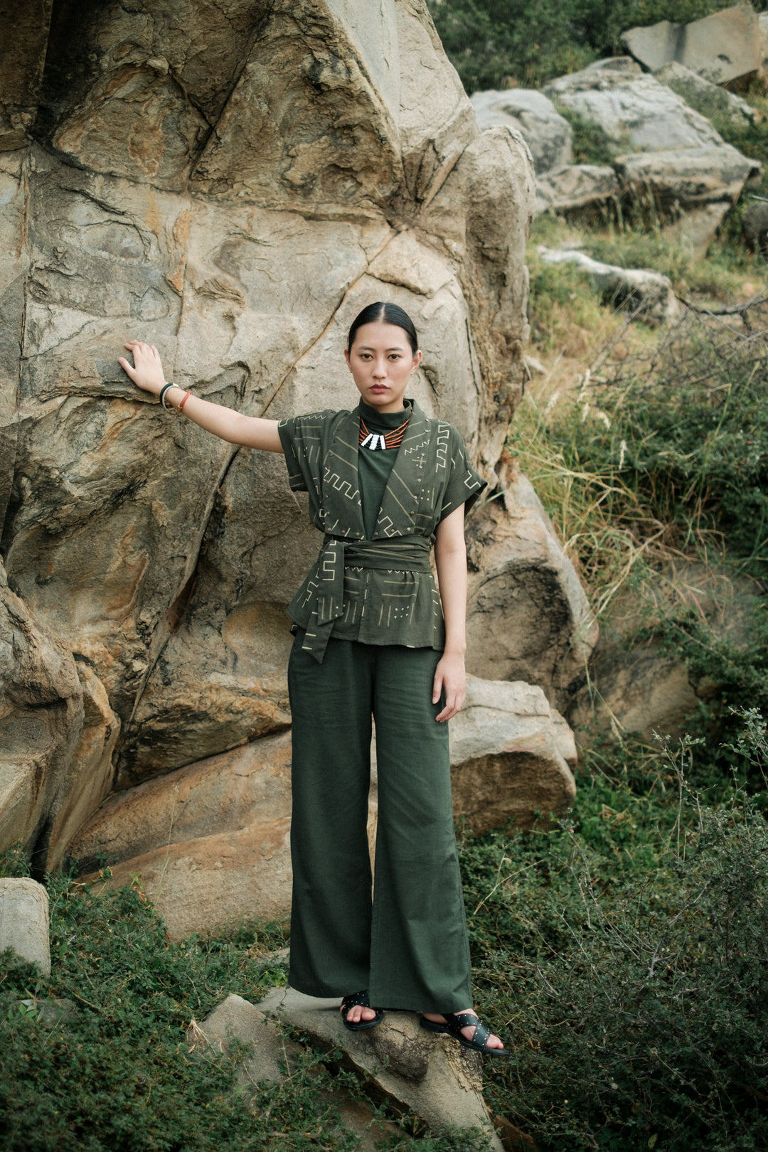 Handwoven Sailor Flared Pants - Green