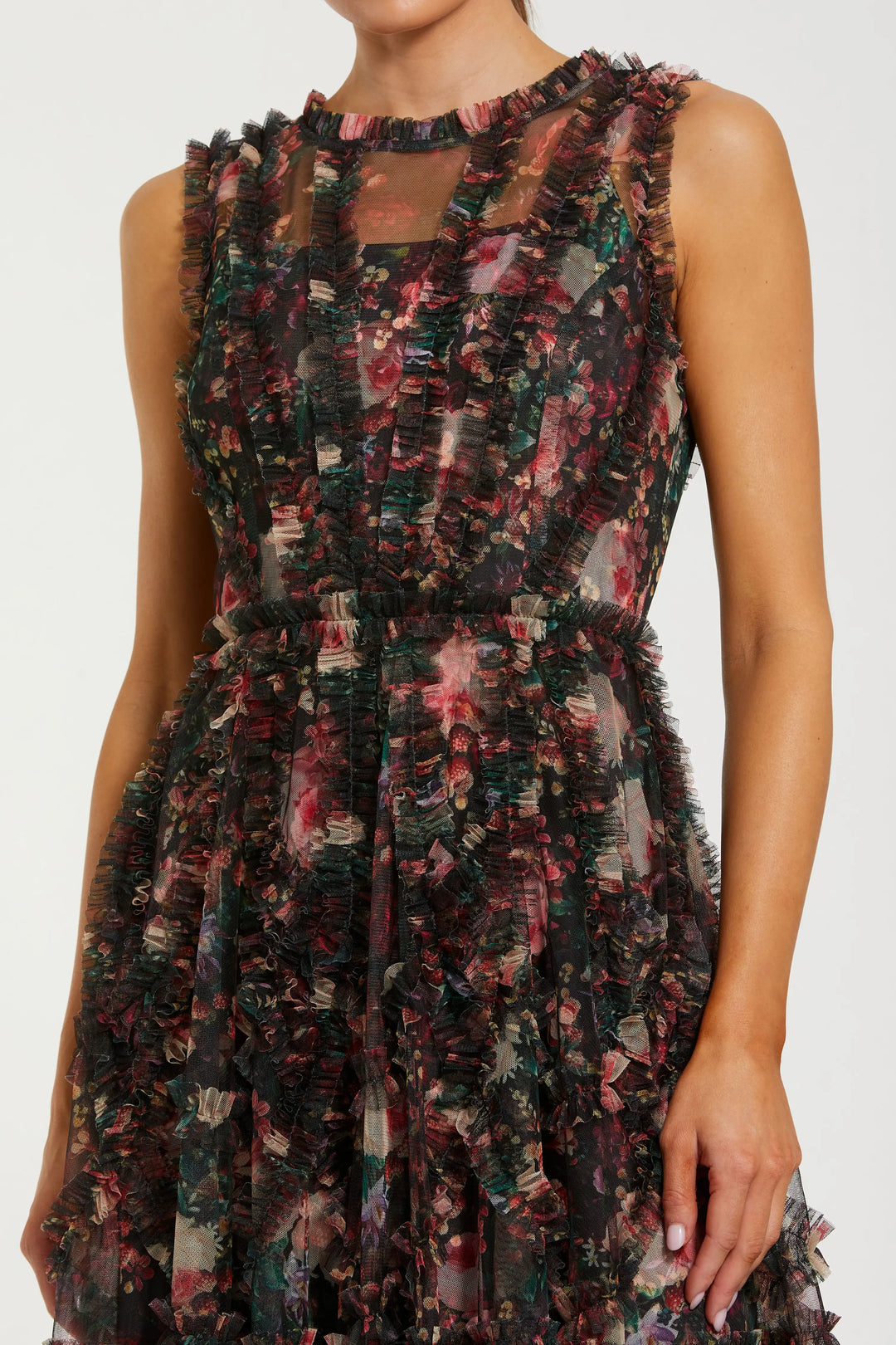 Black Multicolor Micro Ruffle Floral A-Line Mini Dress