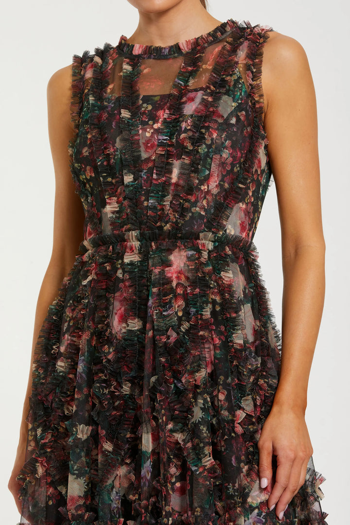 Black Multicolor Micro Ruffle Floral A-Line Mini Dress
