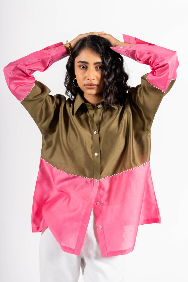 Beanie Shirt Two Tone Khakhi-Pink