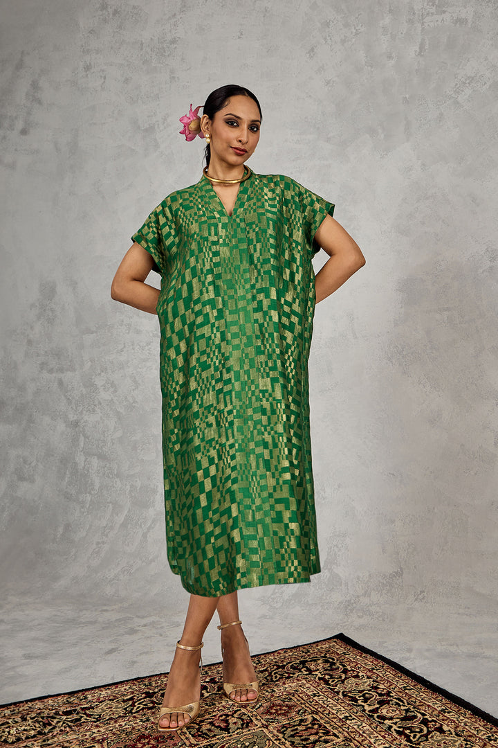 Green Check V-Neck Long Dress