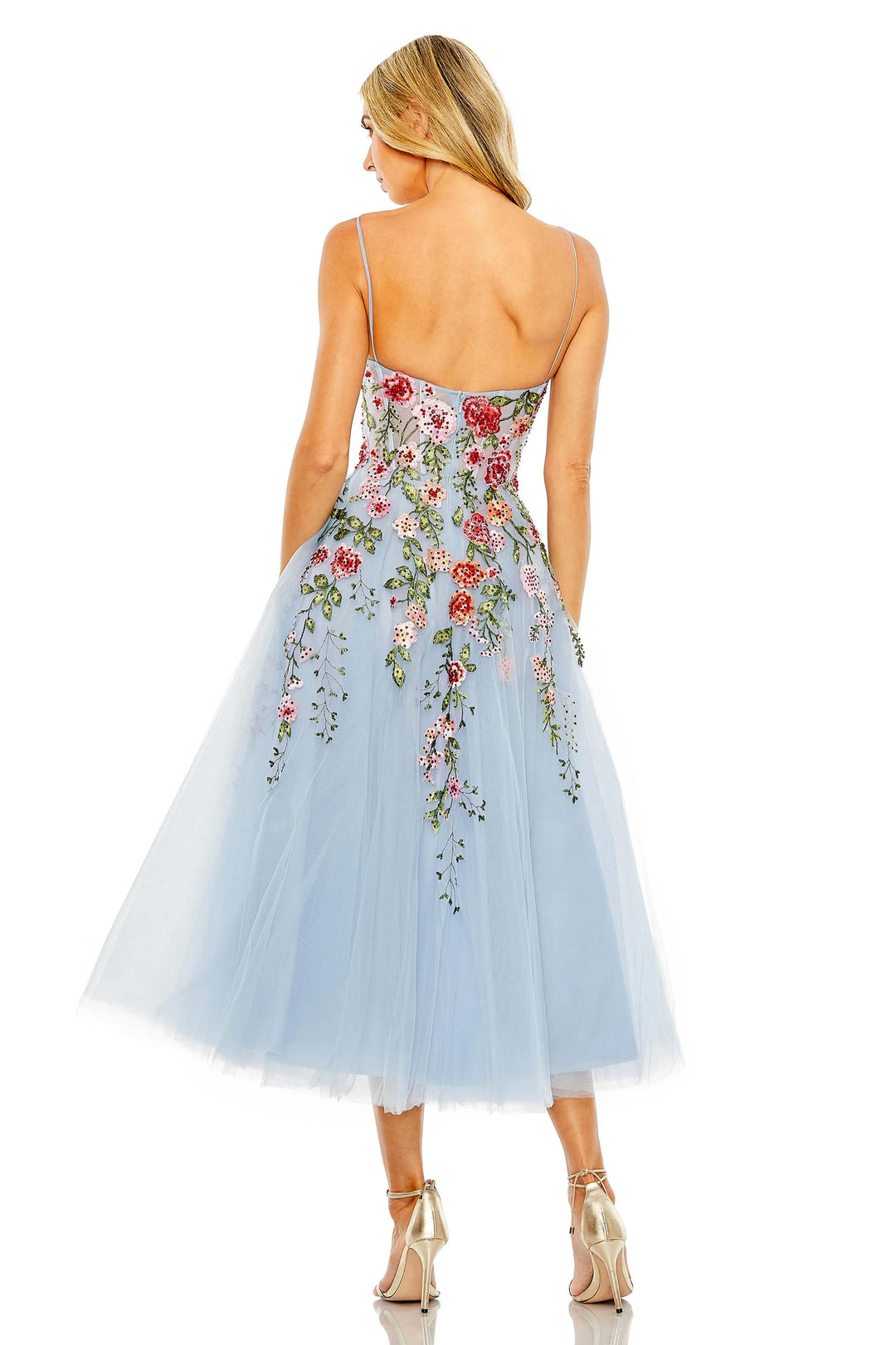 Blue Bustier Embroidered Floral A-Line Dress