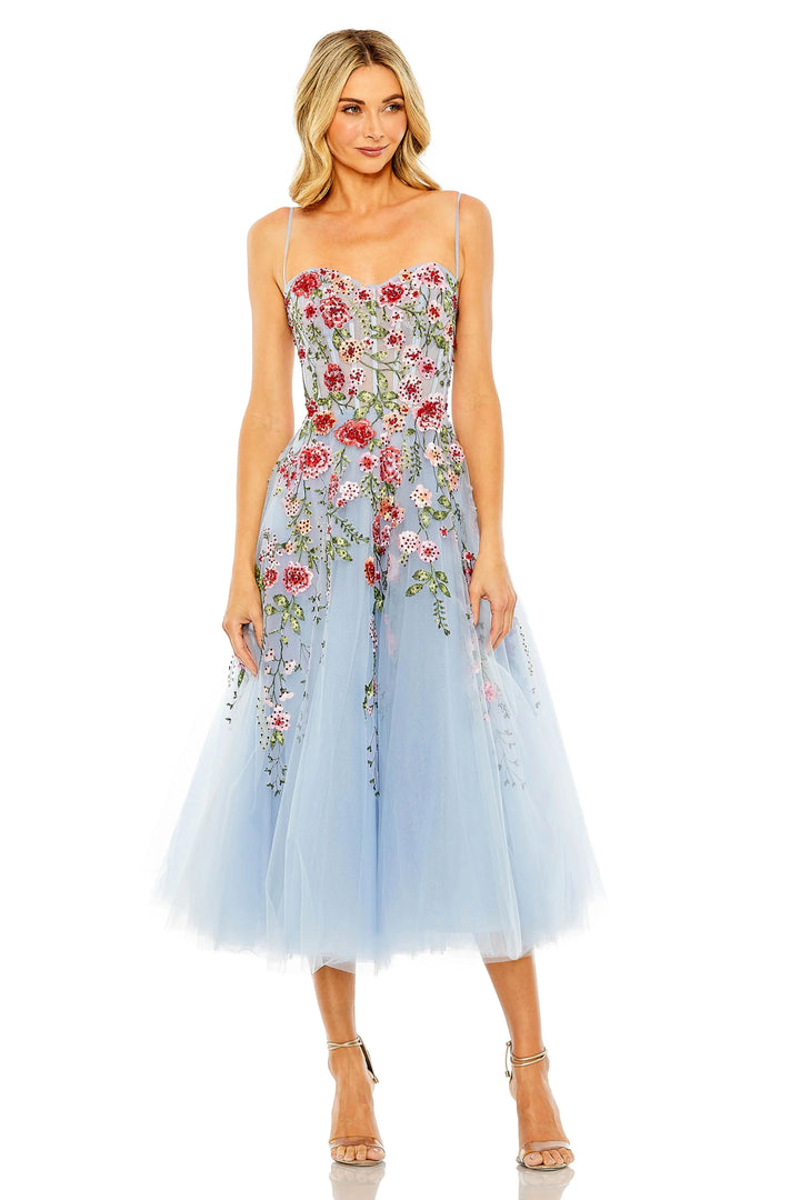 Blue Bustier Embroidered Floral A-Line Dress