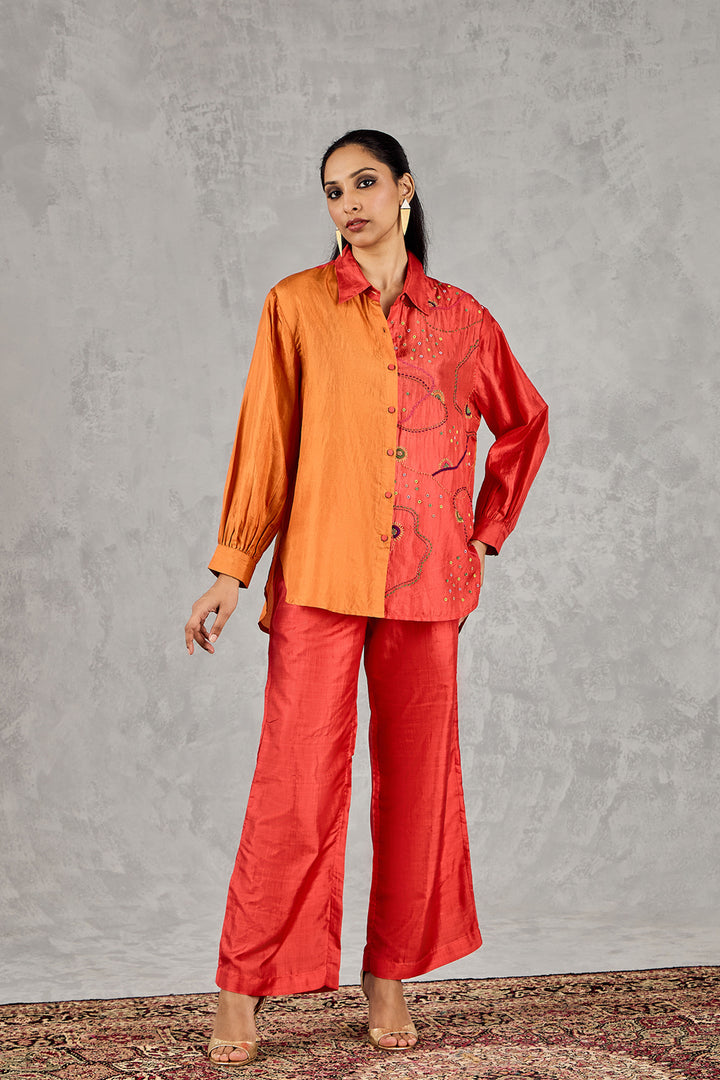 Burnt Orange And Red Colour Block Embroidered Co-ord Set