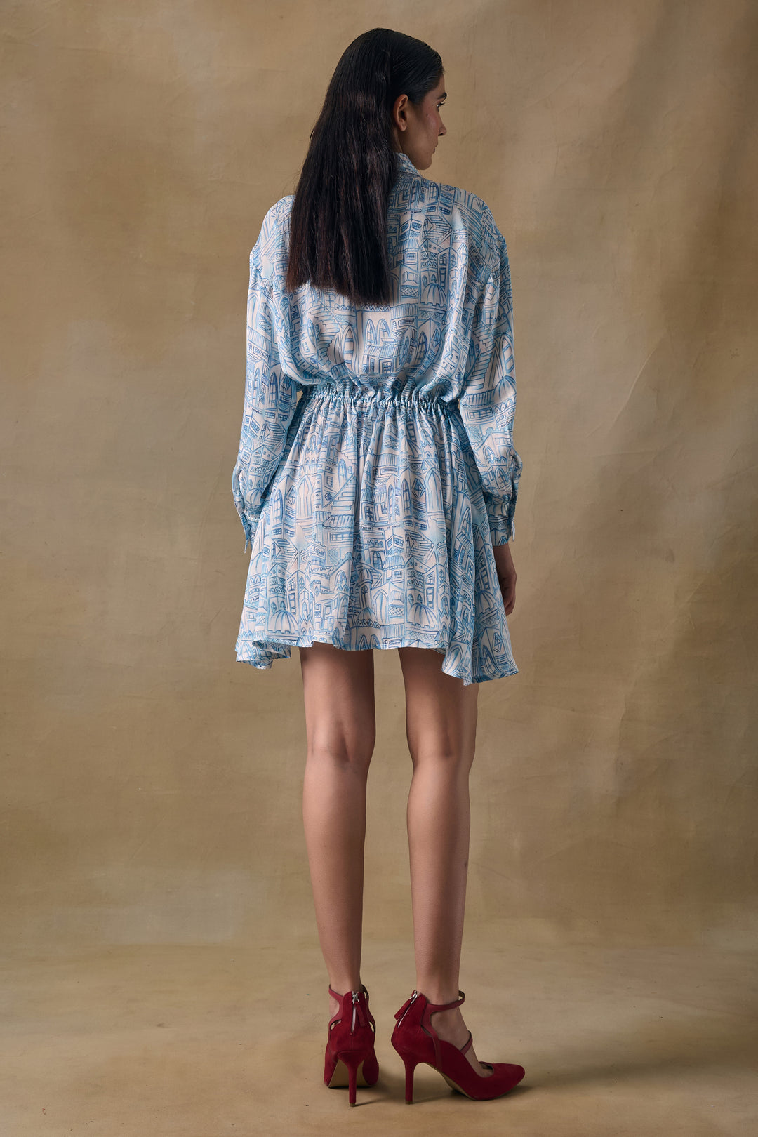 Blue Landscape Gathered Dress