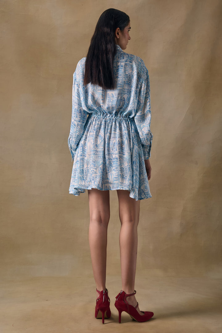 Blue Landscape Gathered Dress