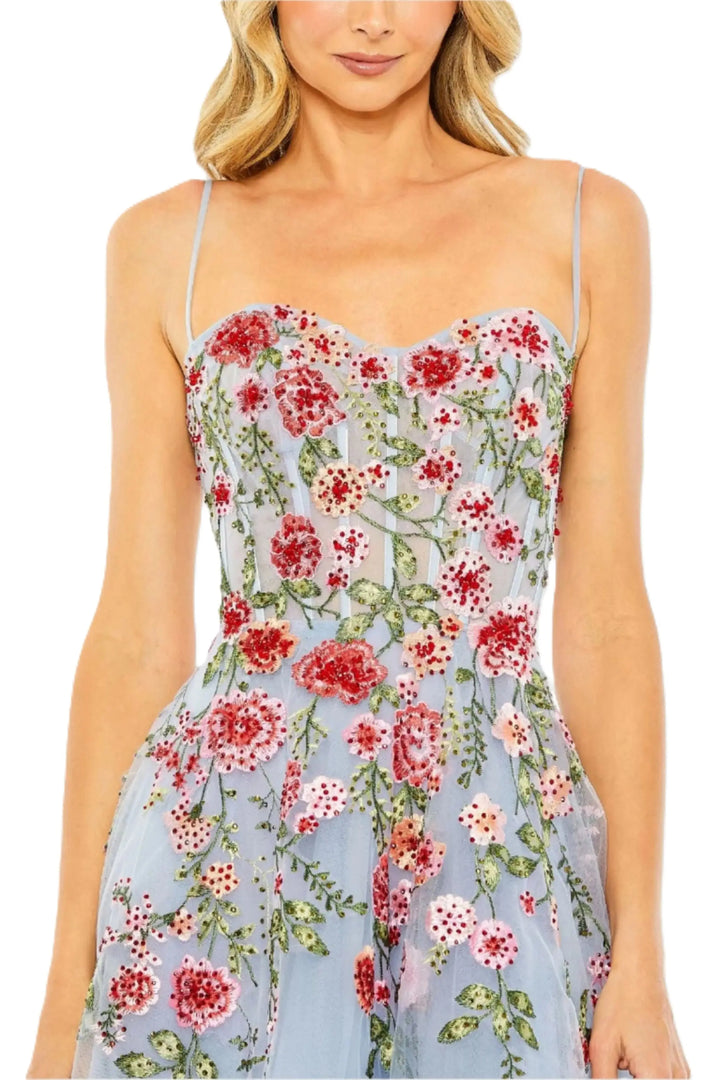 Blue Bustier Embroidered Floral A-Line Dress