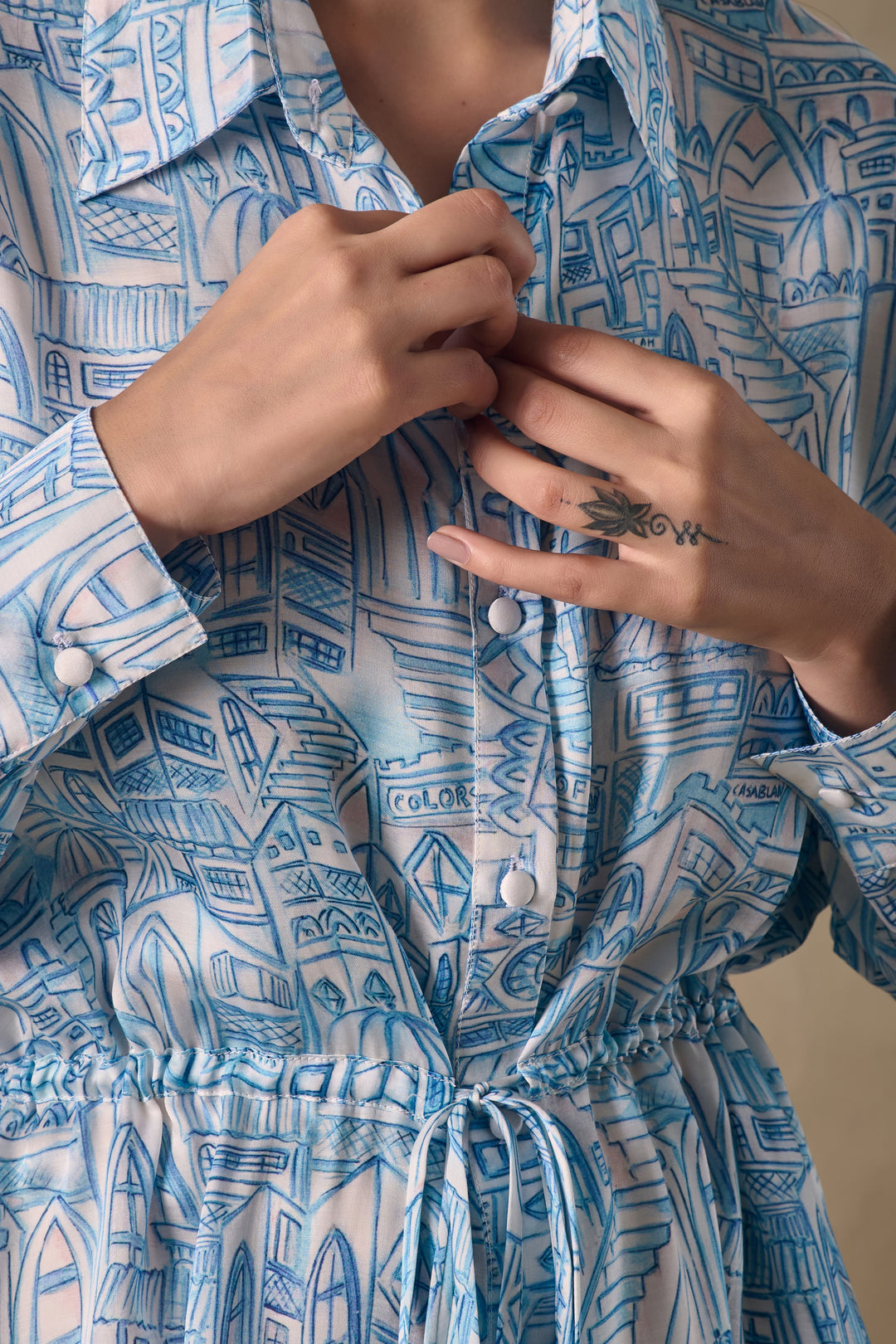 Blue Landscape Gathered Dress
