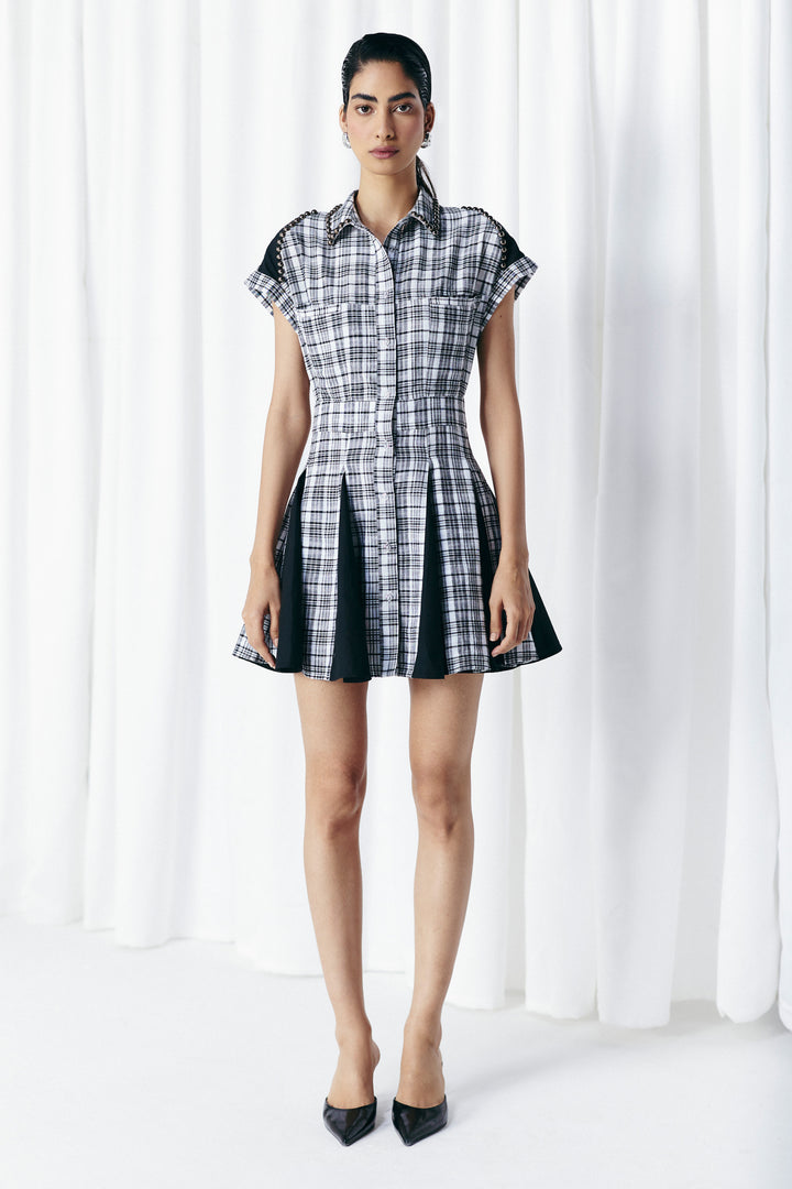 CHECK & SOLID PANEL STUDDED DRESS