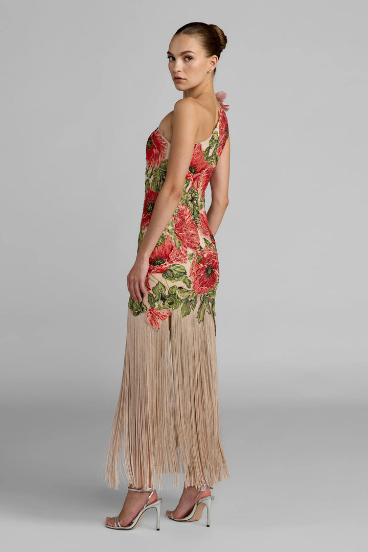 Beige Embroidered One Shoulder Dress With Fringe Hem