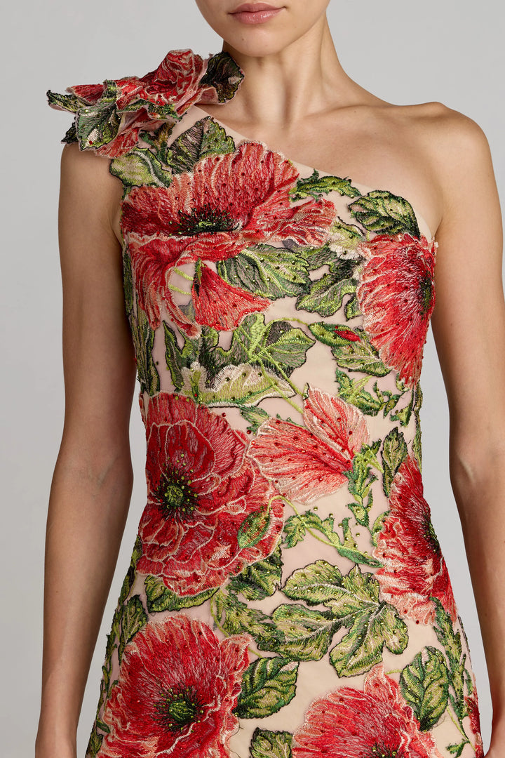 Beige Embroidered One Shoulder Dress With Fringe Hem