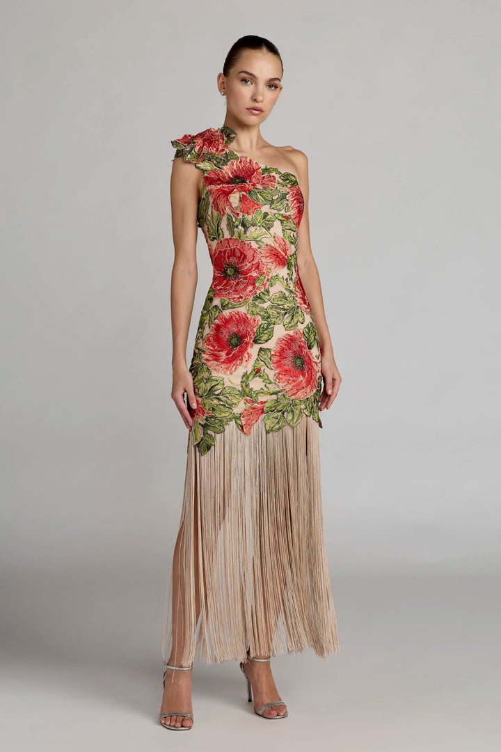 Beige Embroidered One Shoulder Dress With Fringe Hem