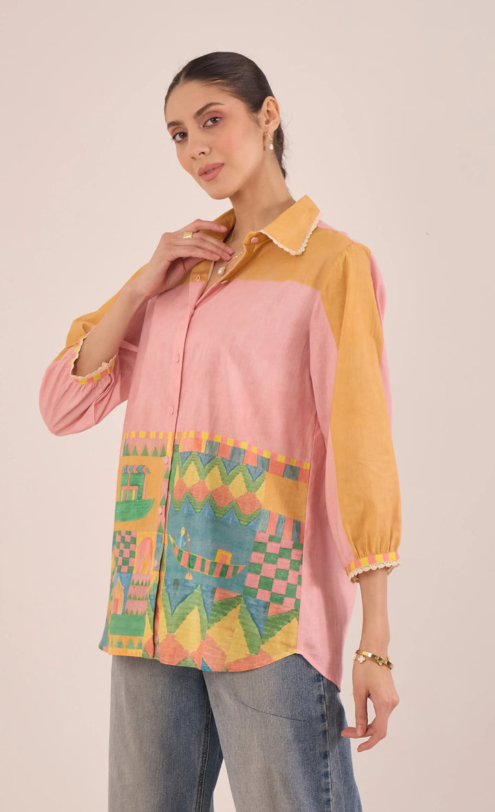 Kahwa: Cotton Color Block Shirt