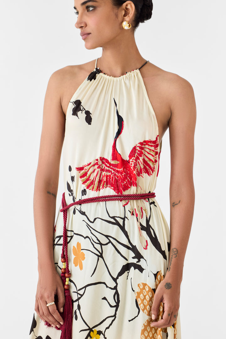 RED CRANE HALTER DRESS