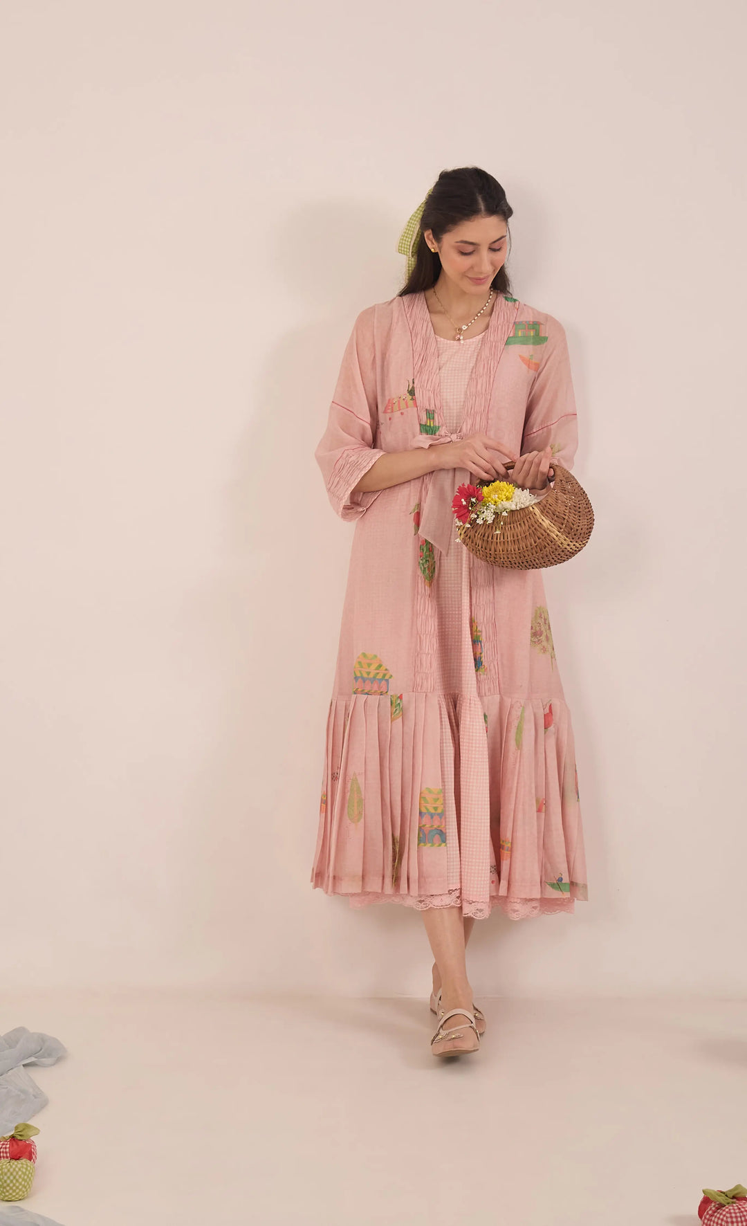 Gulposh: Cotton Silk Pleated Jacket Dress With Cotton Check Inner - Pink