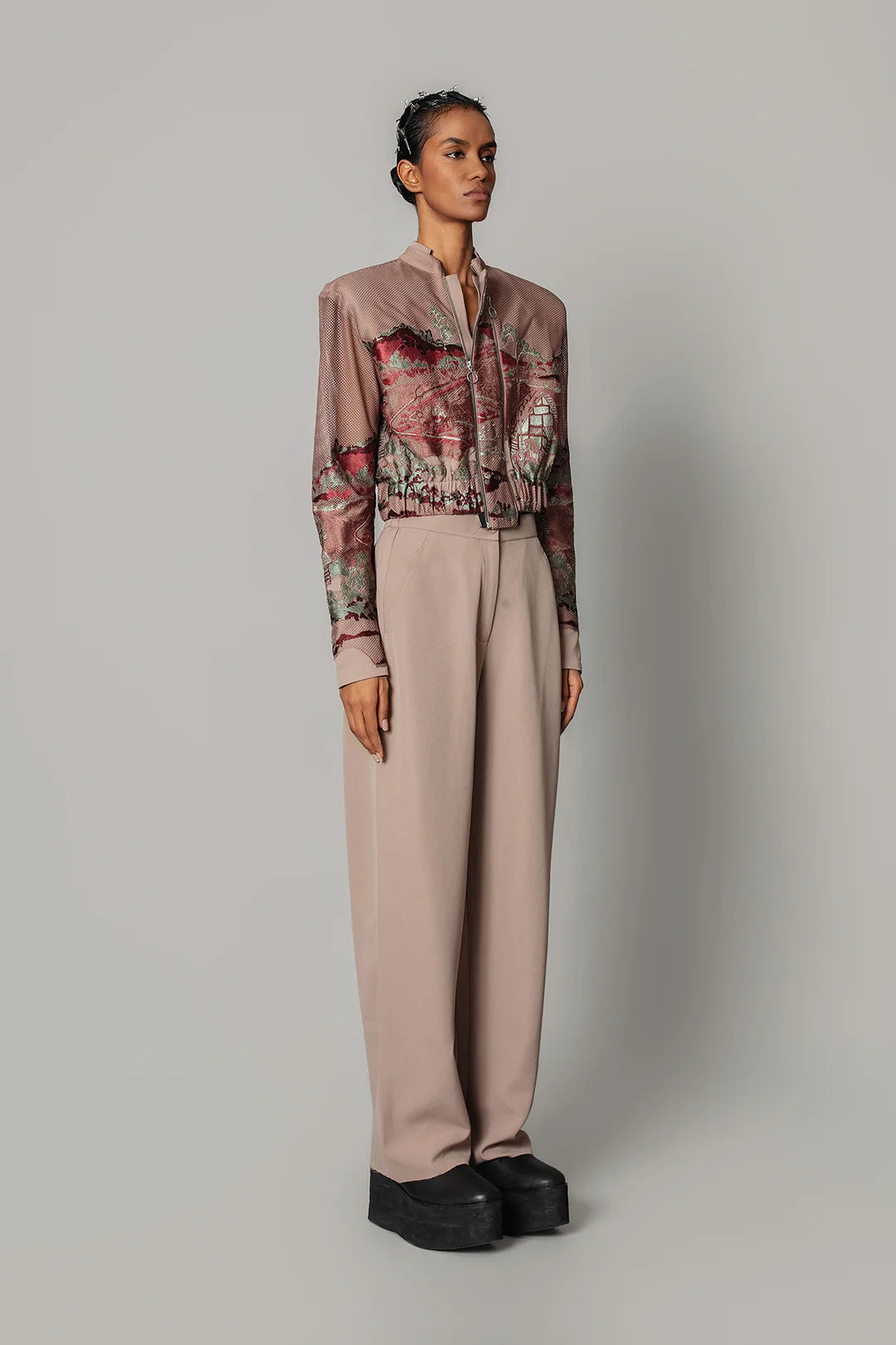 Brown Hokusai embroidered Double Zipper Bomber Set
