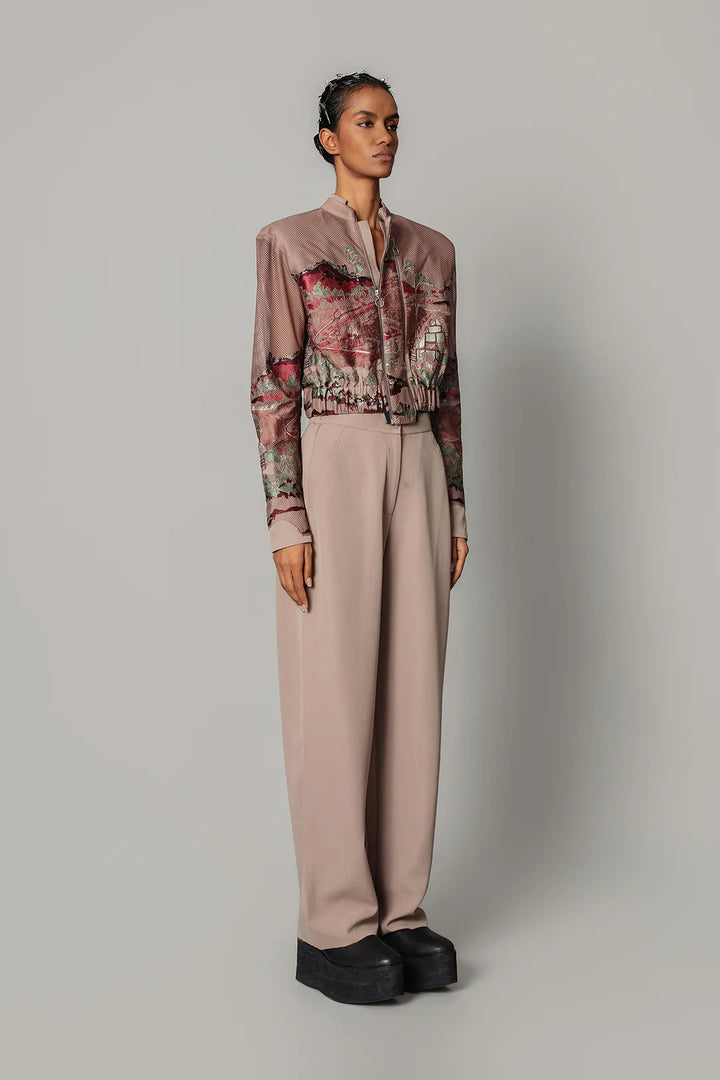 Brown Hokusai embroidered Double Zipper Bomber Set