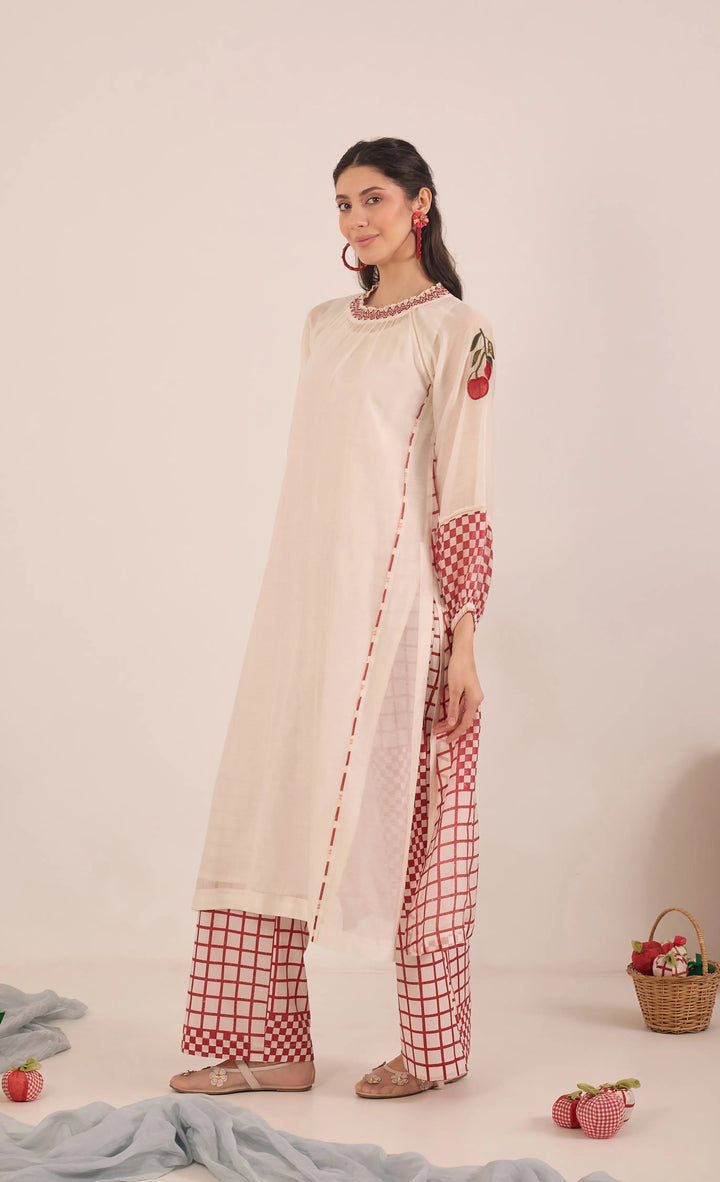 Shirin: Cotton Silk Ivory Red Check Embroidered Kurta Set