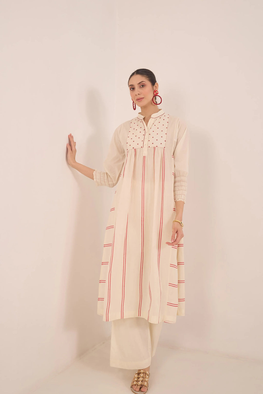 Zoon: Cotton Ivory Bead Stripe Kurta Set