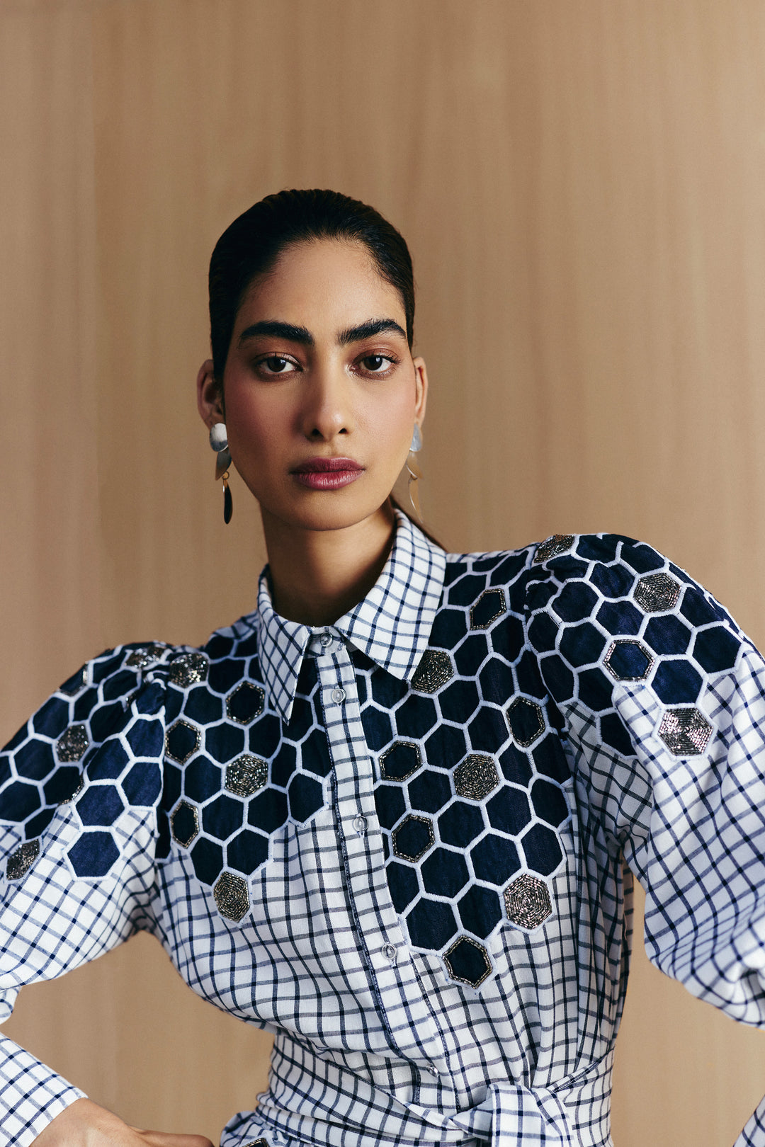CHECK EMBELLISHED SHIRT DRESS