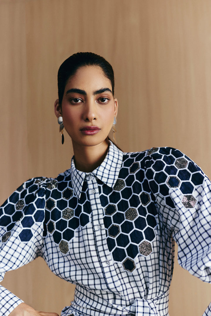 CHECK EMBELLISHED SHIRT DRESS