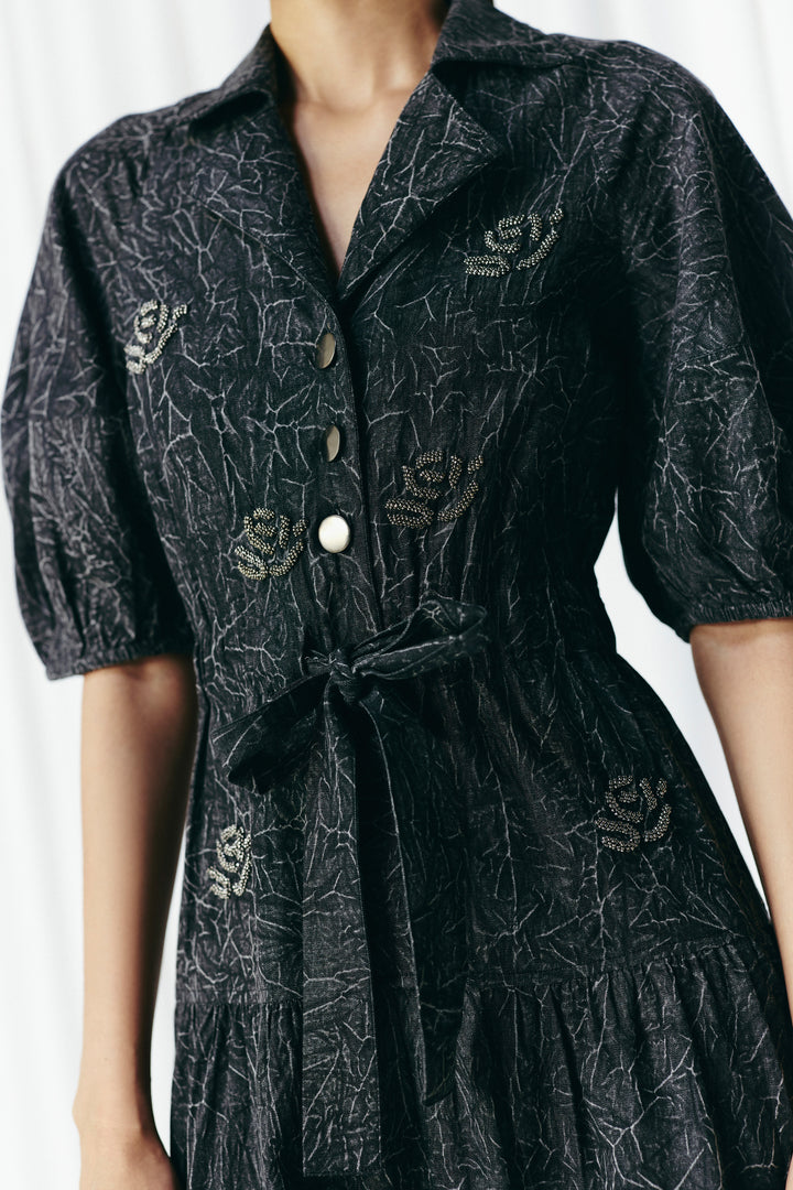 WASHED DENIM EMBELLISHED DRESS