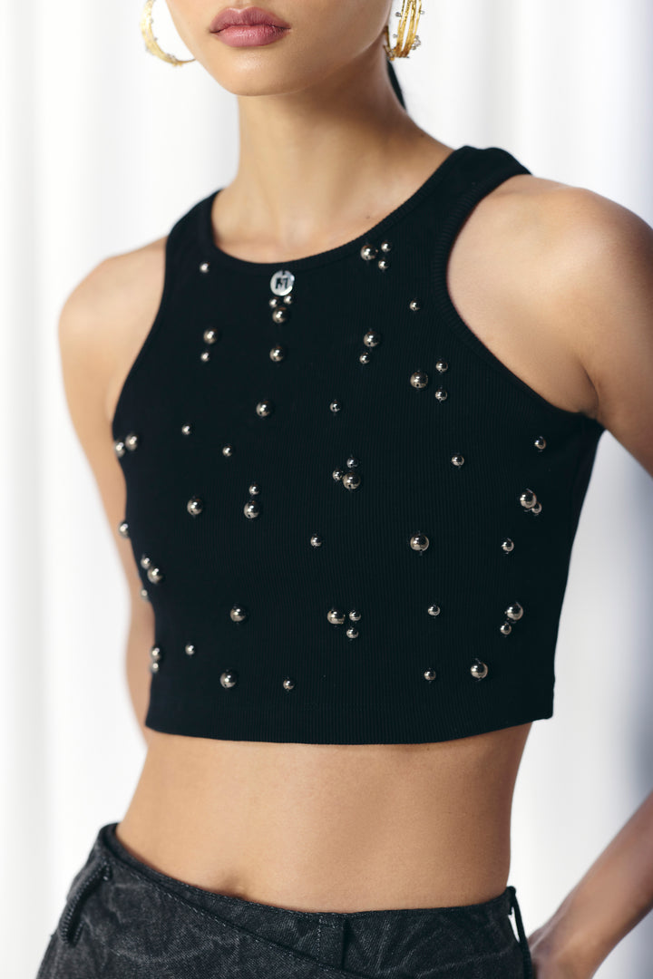 BLACK STUDDED RIB TOP
