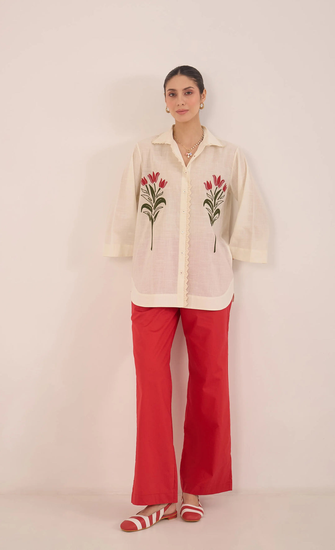 Dal: Cotton Floral Shirt Coord Set - Ivory