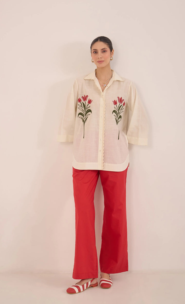 Dal: Cotton Floral Shirt Coord Set - Ivory