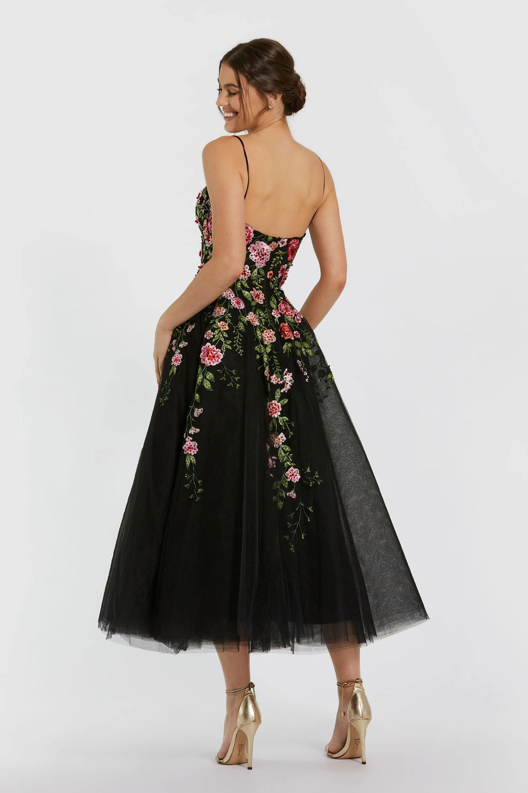 Black Multicolor Bustier Embroidered Floral A-Line Dress