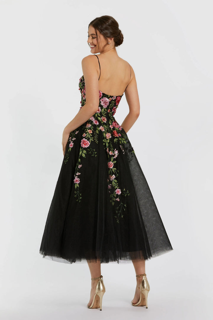 Black Multicolor Bustier Embroidered Floral A-Line Dress