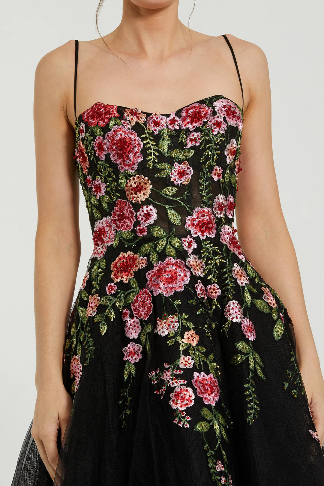 Black Multicolor Bustier Embroidered Floral A-Line Dress