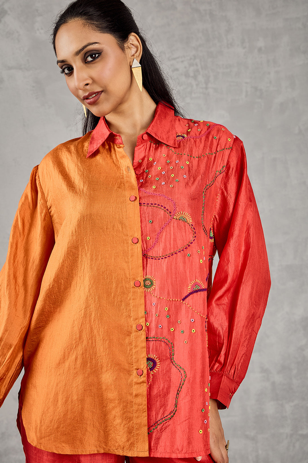 Burnt Orange And Red Colour Block Embroidered Co-ord Set