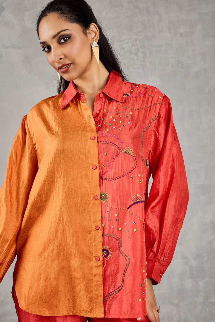 Burnt Orange And Red Colour Block Embroidered Co-ord Set